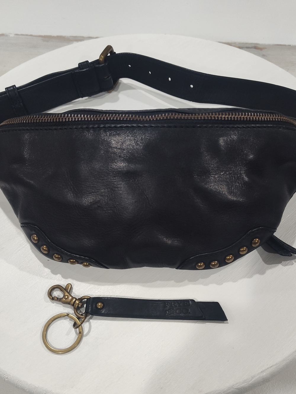 FRYE AND CO. Black Leather Belt Bag with Brass Stud Accents